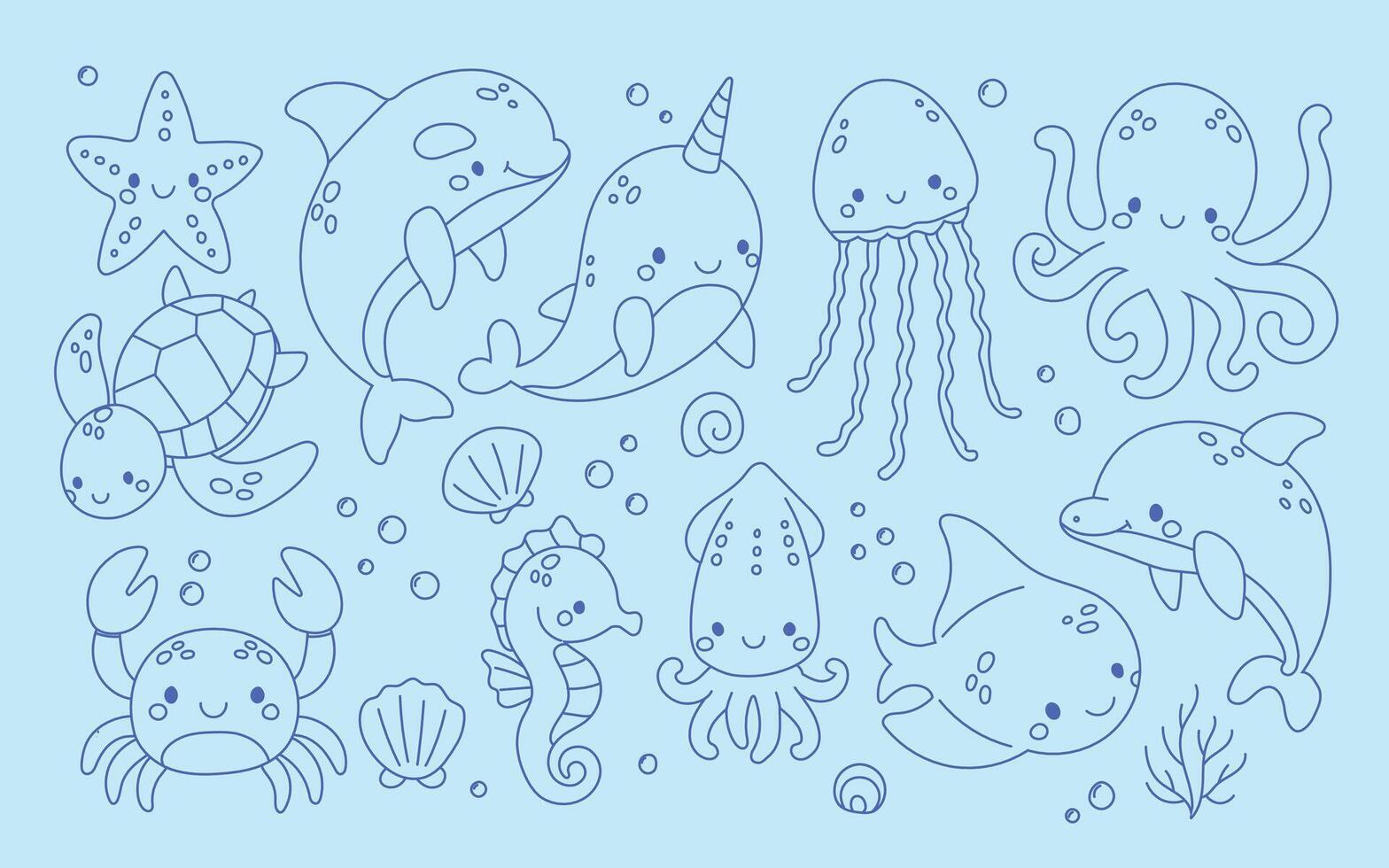 Blue outline underwater animal collection including narwhal, octopus, dolphin, and turtle, perfect for kids marine activity sheets and sea creature designs vector