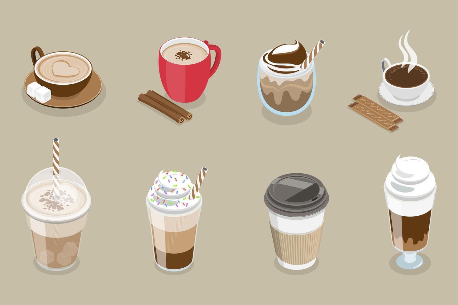 3D Isometric Flat Set of Coffee Beverages, Different Drink Types vector