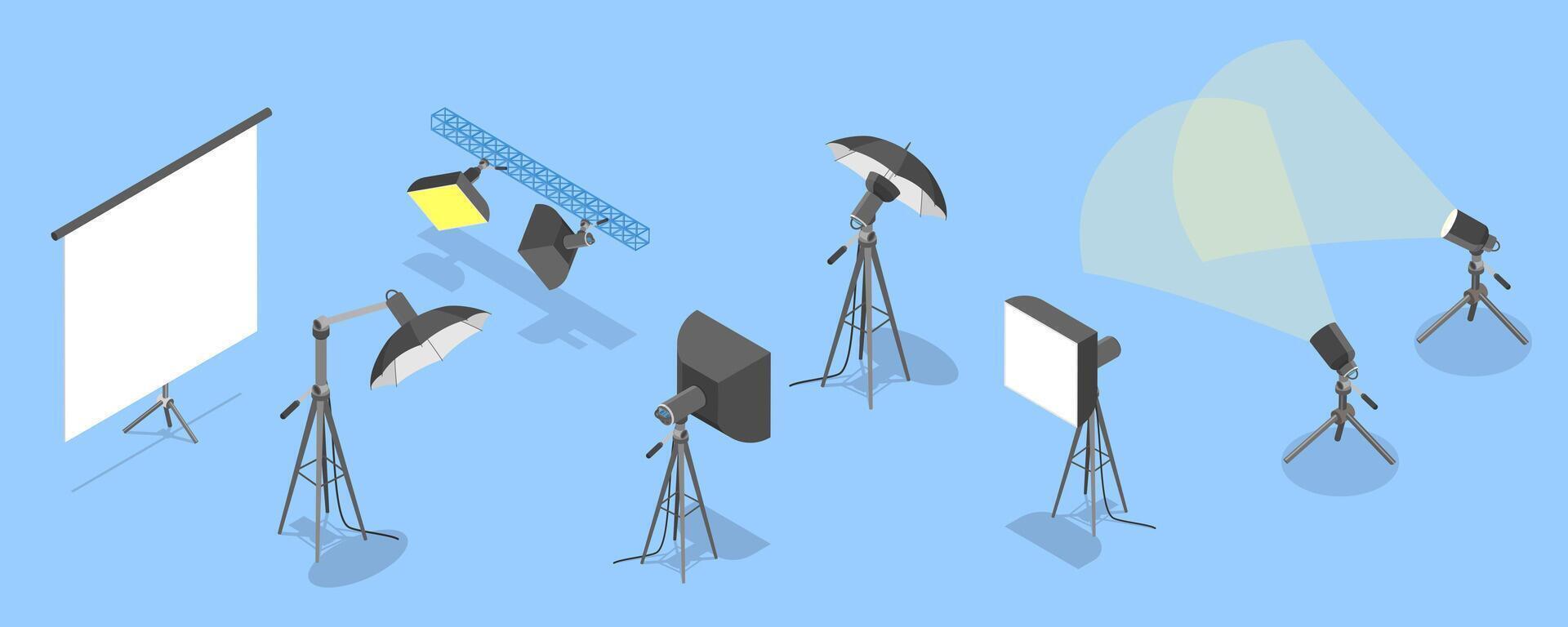 3D Isometric Flat Set of Photo Studio Equipment Items, Photographer Tools vector