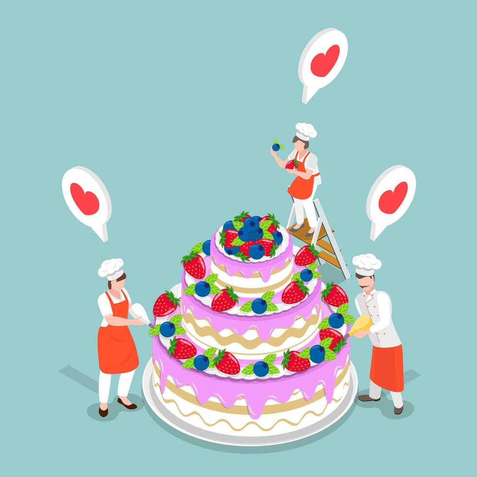 3D Isometric Flat Illustration of Confectioner Chef, Pastry-cook and Decorating vector