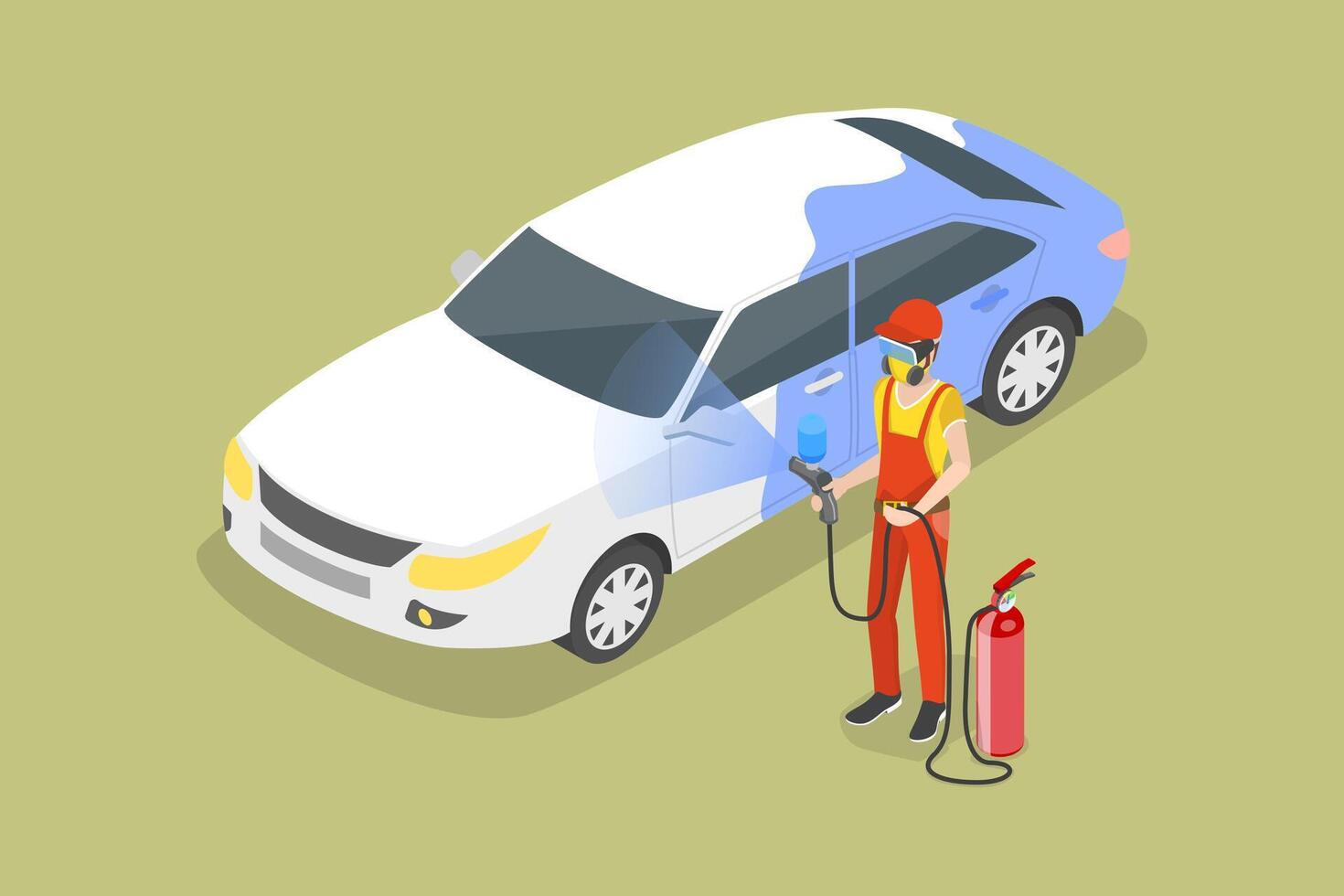 3D Isometric Flat Illustration of Painting Vehicle, Painter with Airbrush Gun Spray vector
