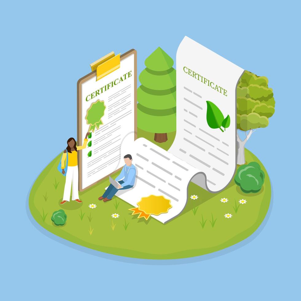 3D Isometric Flat Illustration of Green Certificate, Eco License vector