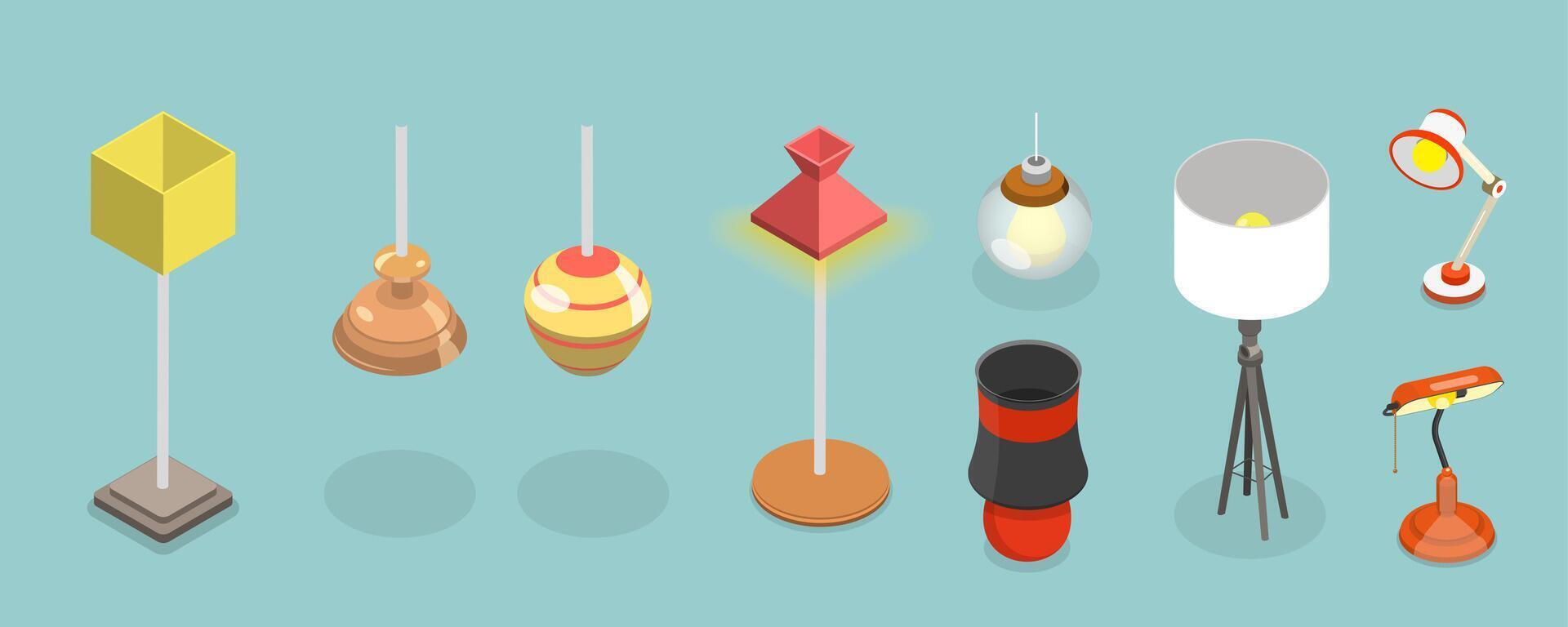 3D Isometric Flat Set of Different Interior Lights, Set of Lamps vector