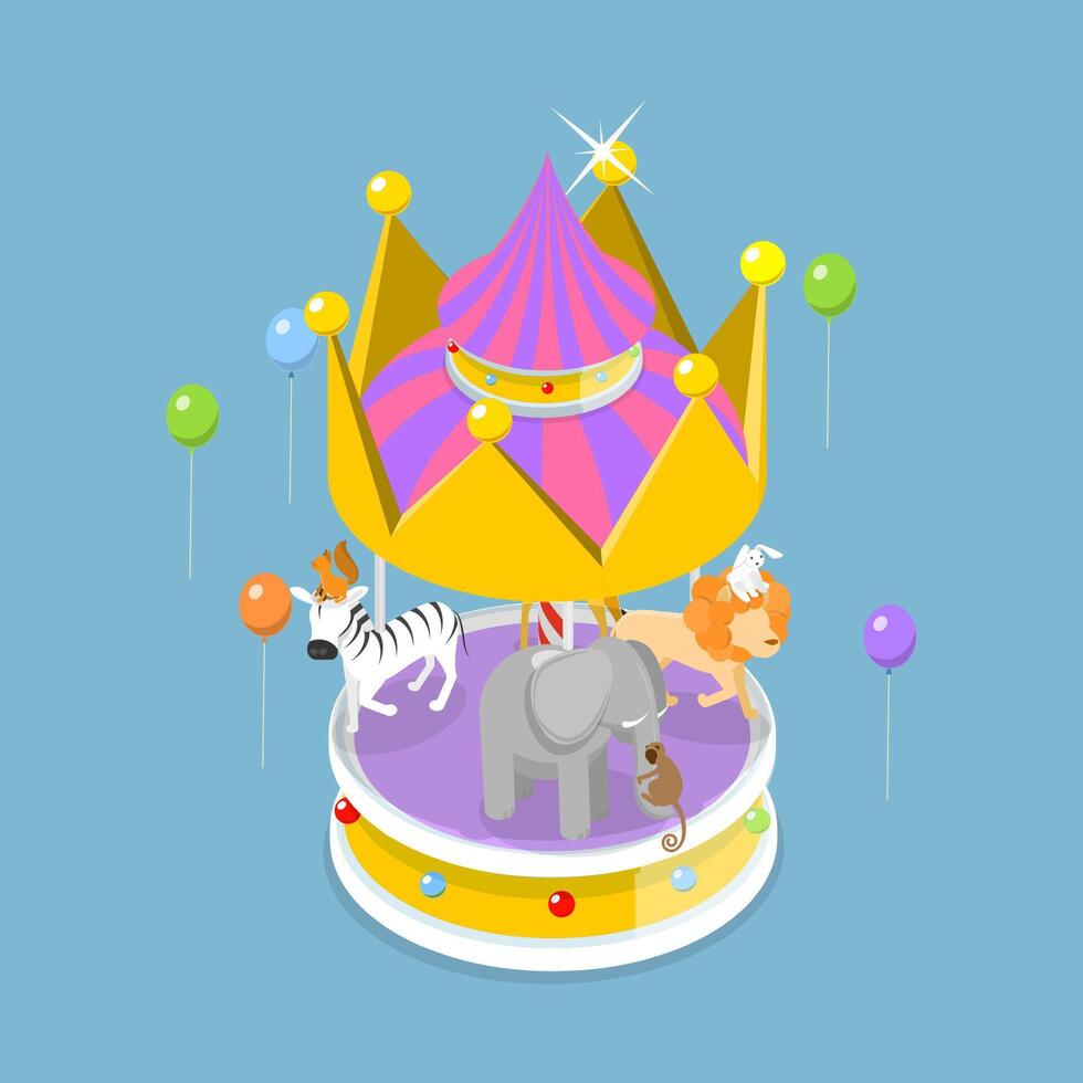 3D Isometric Flat Icon of Carnival Carousel, Amusement Park Entertainment vector