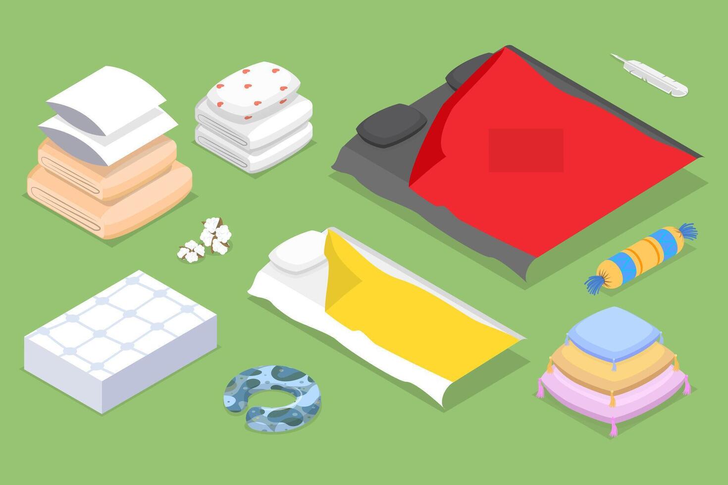 3D Isometric Flat Set of Bedroom Items, Home Textile vector