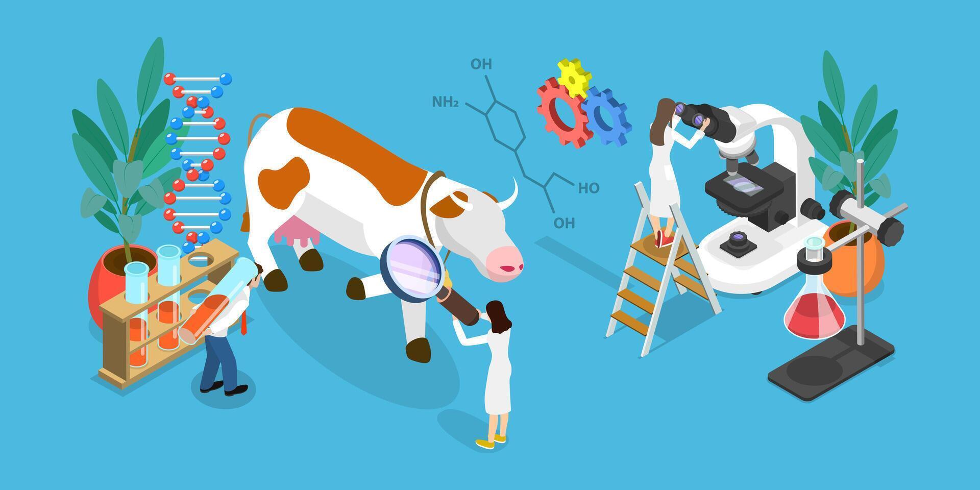 3D Isometric Flat Illustration of Genetically Modified Animals, Gene Technology, Bioengineering vector