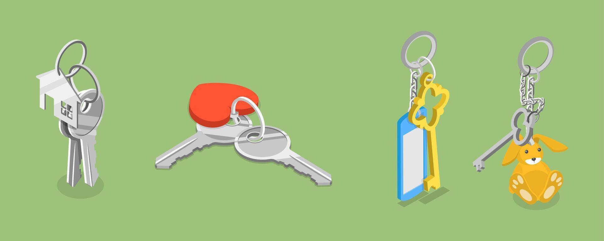 3D Isometric Flat Illustration of Key Sets Collection, Keys with Accessories vector
