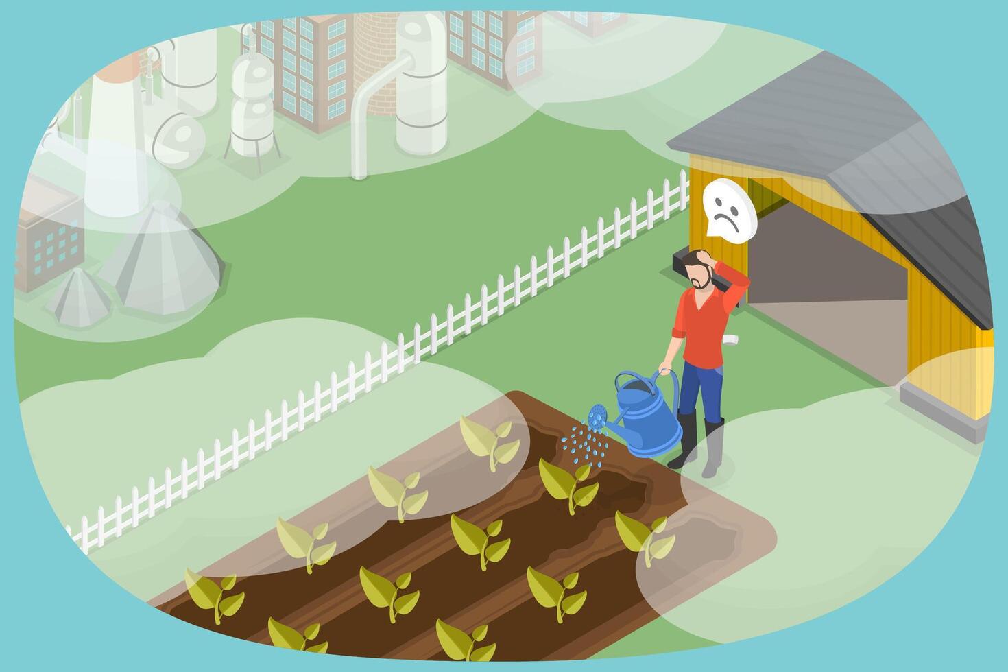 3D Isometric Flat Illustration of Agriculture Issues due to Climate Change, Air Pollution vector