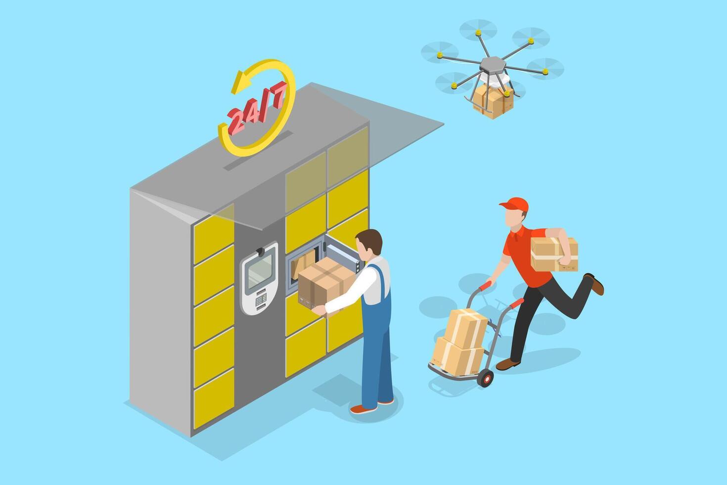 3D Isometric Flat Illustration of Postal Terminal, Self Service in Post Office vector