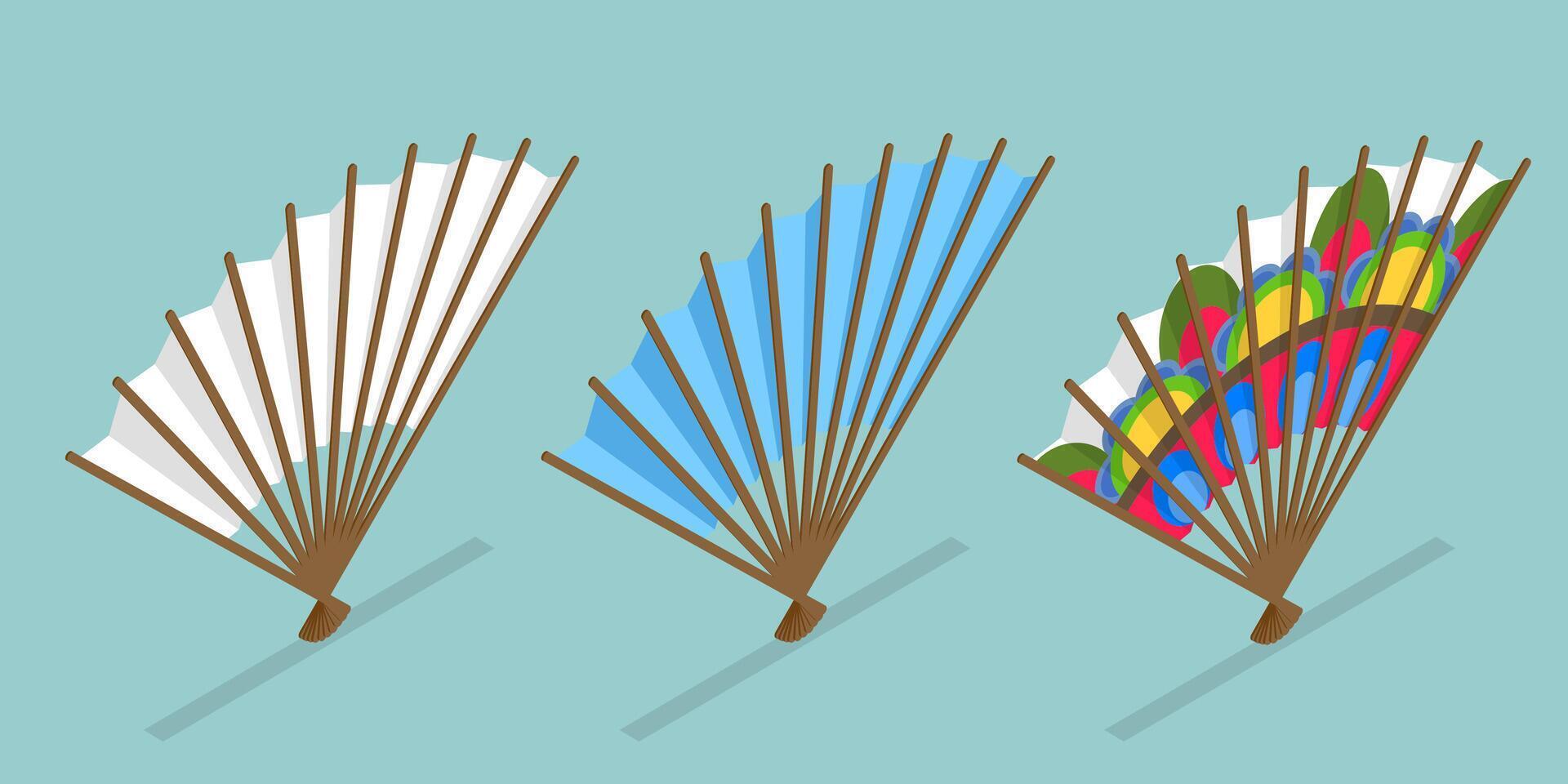 3D Isometric Flat Set of Decorative Fans, Asian Traditional Folding Hand Fan vector