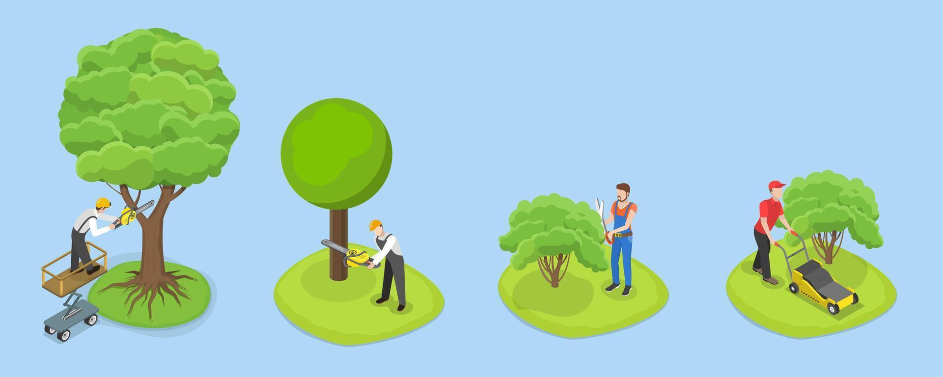 3D Isometric Flat Set of Professional Gardener, Gardens and Parks Maintenance Service, Tree Pruning vector