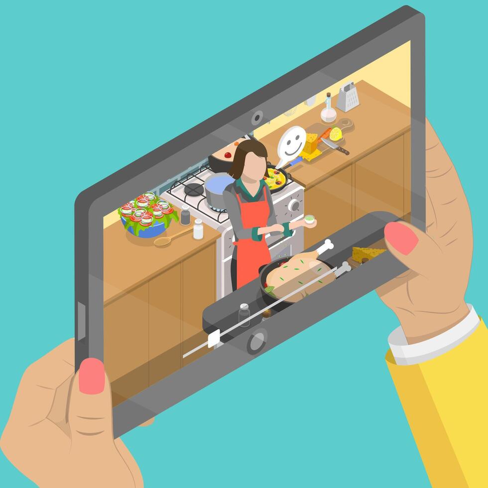 3D Isometric Flat Illustration of Online Cooking Show, Internet Culinary Streaming TV vector
