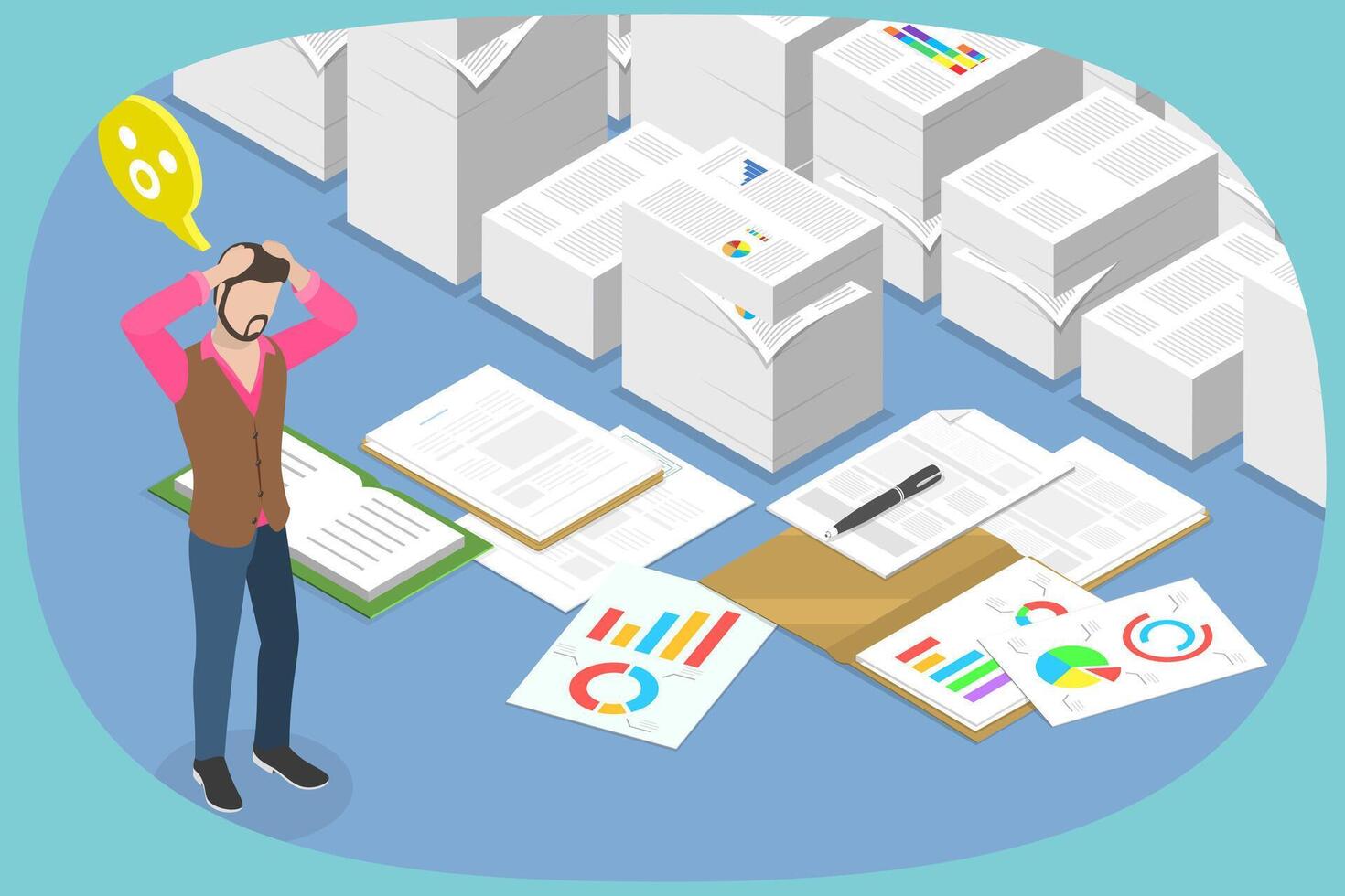 3D Isometric Flat Illustration of Paper Work, Confusion and Mess vector