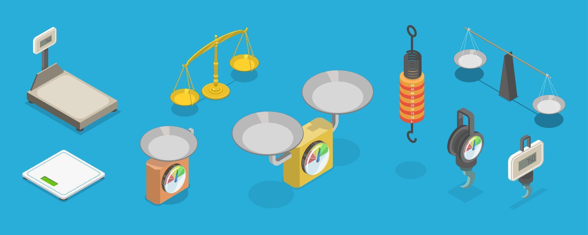 3D Isometric Flat Set of Scales Types, Equipment for Weight Measuring vector