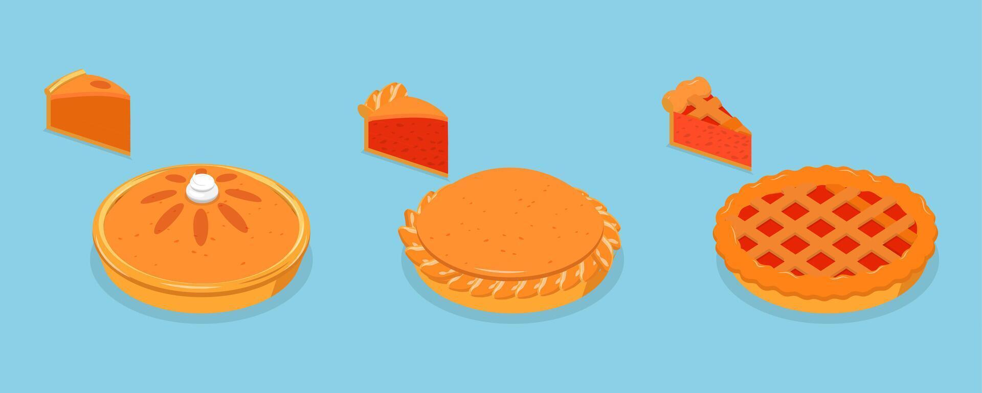 3D Isometric Flat Set of Diffeent Pies and Slices, American Homemade Traditional Desserts vector
