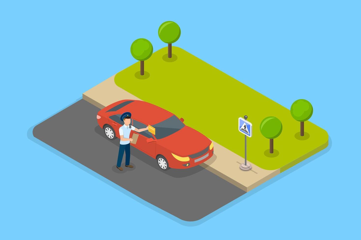 3D Isometric Flat Illustration of Parking Fine, Police Officer Issues a Ticket for Illegal Parking vector