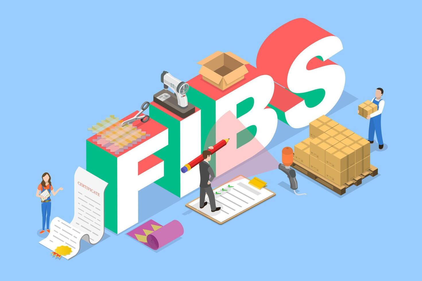 3D Isometric Flat Illustration of FIBS, Textile Industry Manufacturing Process vector