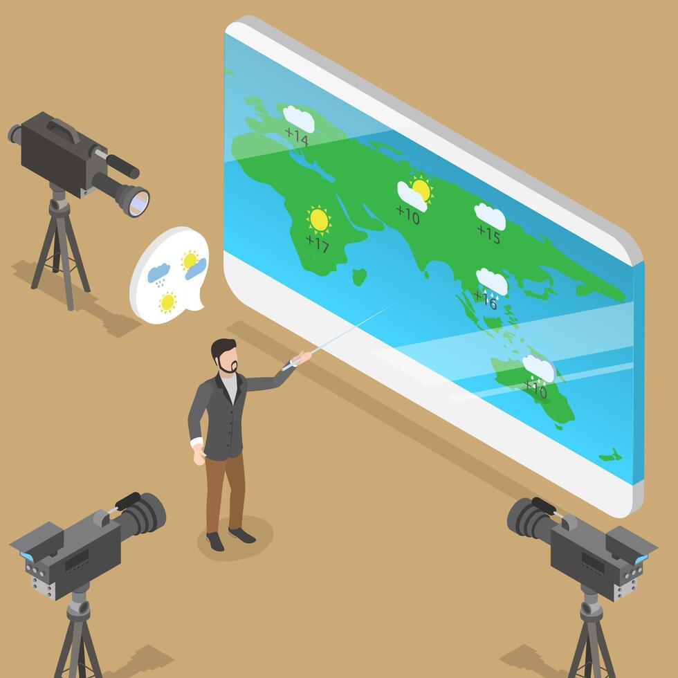 3D Isometric Flat Illustration of Weather Forecast, TV Reporter at Work vector