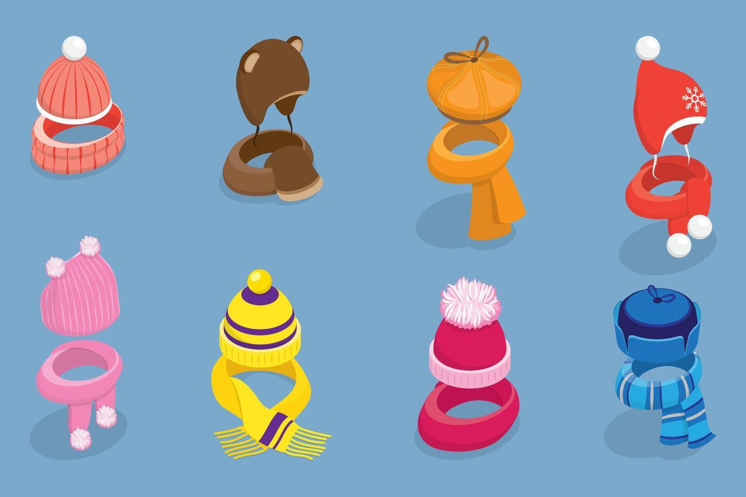 3D Isometric Flat Set of Childish Knitted Accessories, Winter Stylish Hats and Scarves vector
