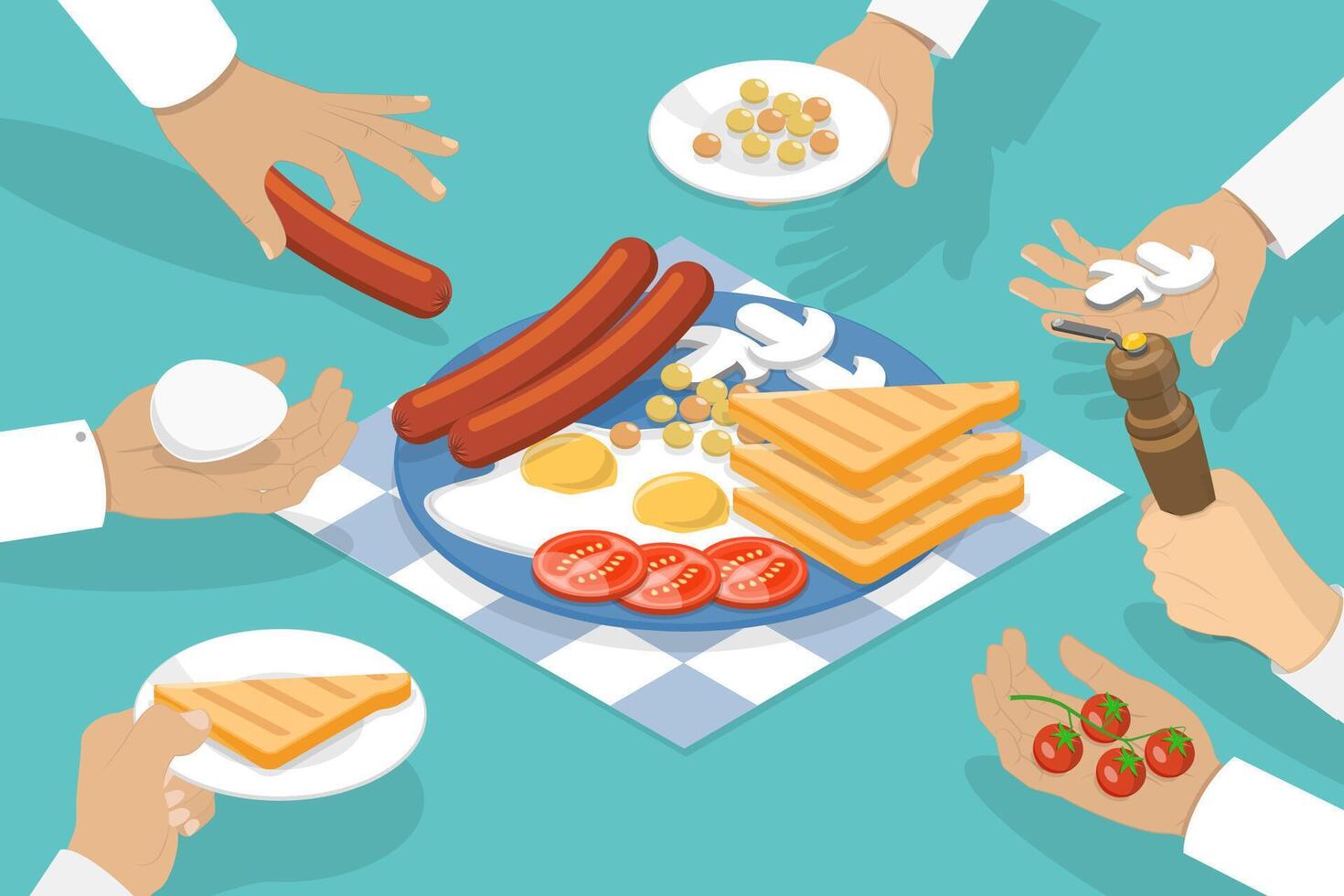 3D Isometric Flat Illustration of Breakfast Plate, People Having a Meal vector