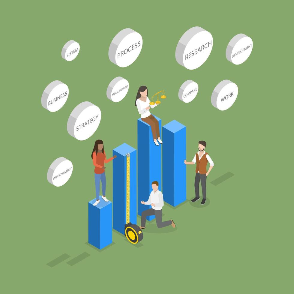 3D Isometric Flat Illustration of Benchmarking, Compare Quality with Other Companies for Improvement vector