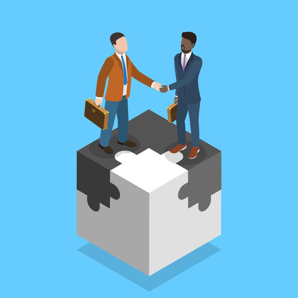 3D Isometric Flat Illustration of Partnership, Partner collaborate, Puzzle Jigsaw, Company Merge vector