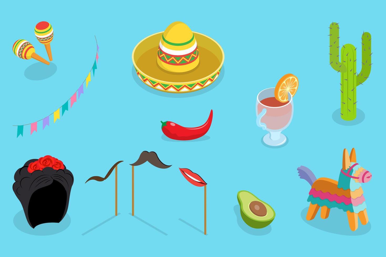 3D Isometric Flat Illustration of Mexican Fiesta Party Symbols, Frida Kahlo vector