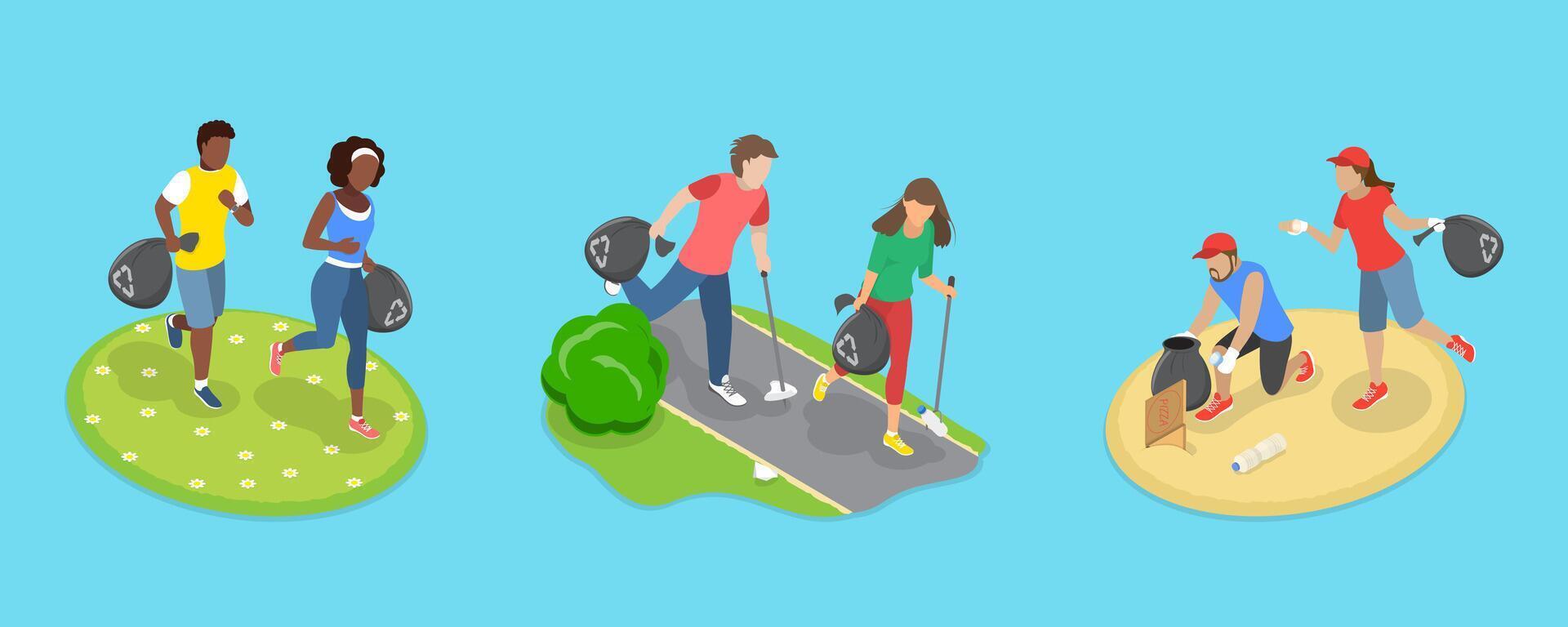 3D Isometric Flat Illustration of Plogging Challenge, Volunteers at Eco Activity vector