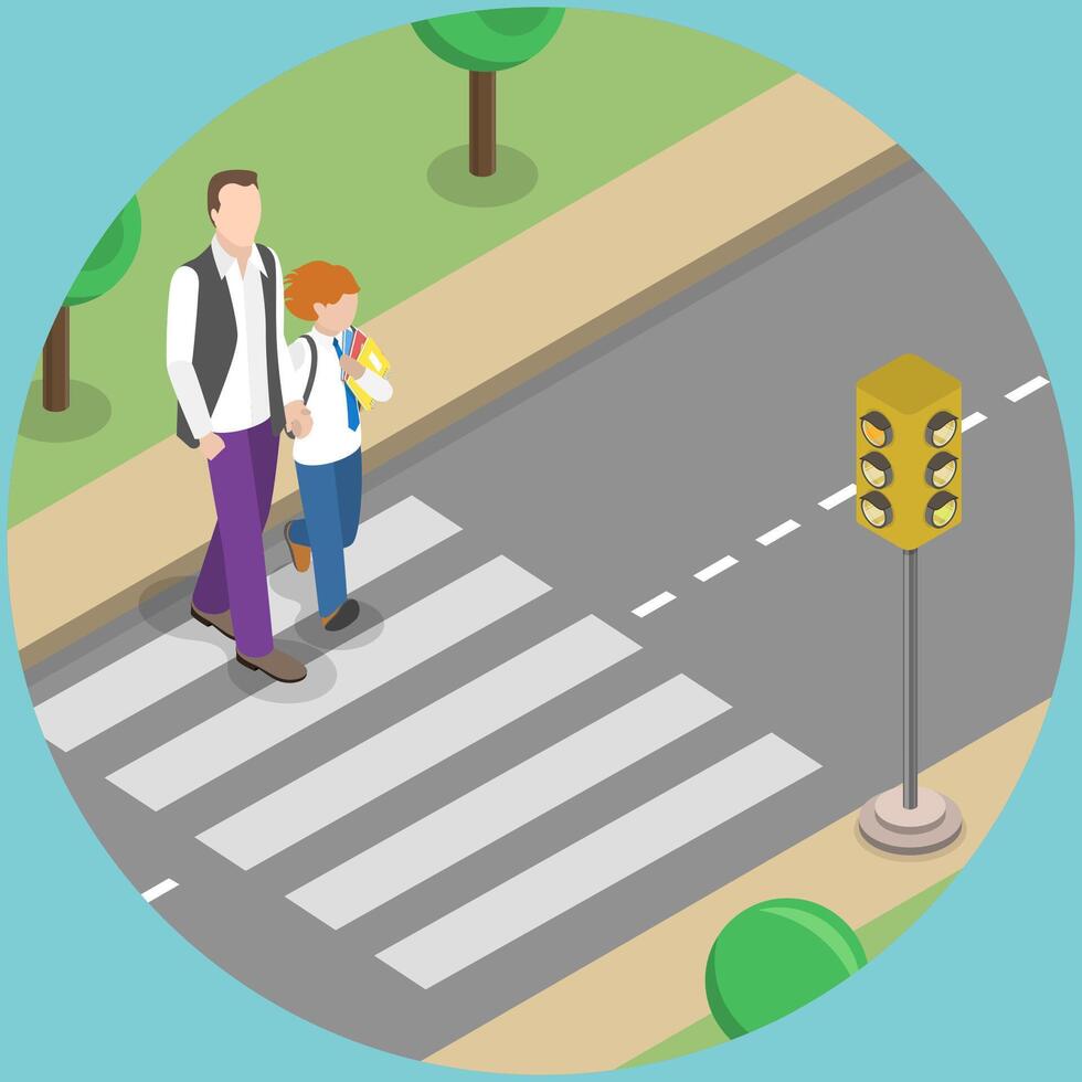 3D Isometric Flat Illustration of School Crosswalk, Pedestrian Safety Rules vector