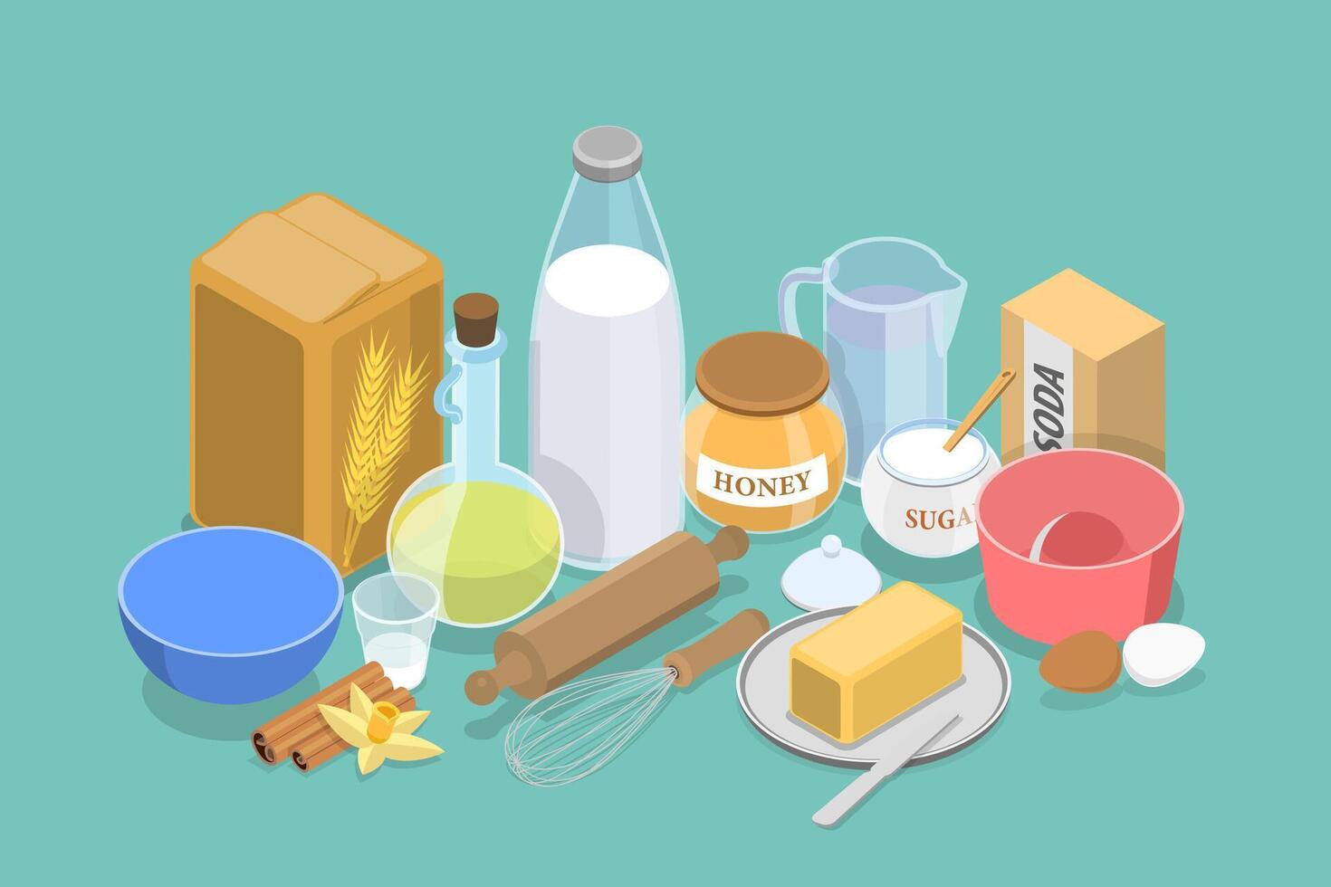 3D Isometric Flat Set of Cooking Ingredients, Collection of Baking Items vector