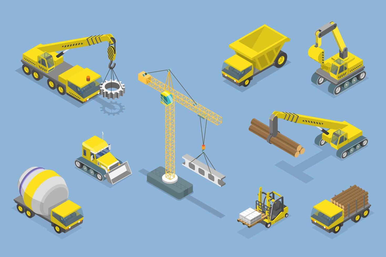 3D Isometric Flat Set of Construction Equipment , Special Machines for the Building Work vector