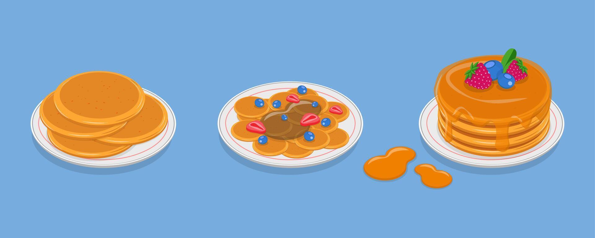 3D Isometric Flat Set of Pancakes, American Brunch with Honey or Syrup vector