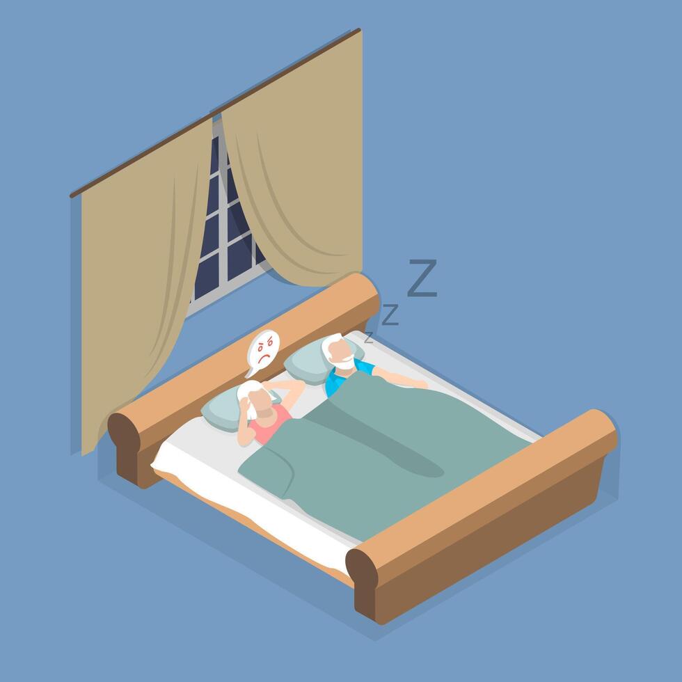 3D Isometric Flat Illustration of Snore At Night Sleep, Respiratory Problem Symptoms vector