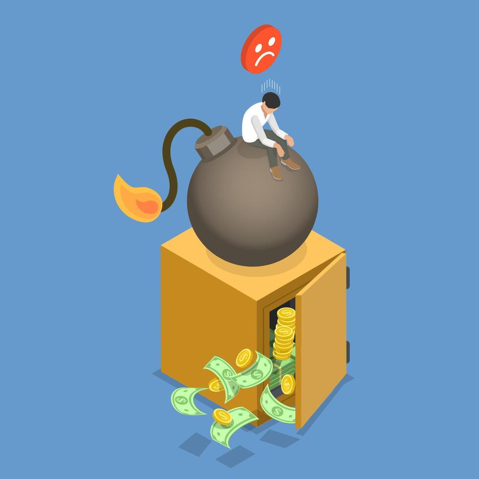 3D Isometric Flat Illustration of Business Danger And Crisis, Young Stressed Unhappy Businessman Sitting on Bomb vector