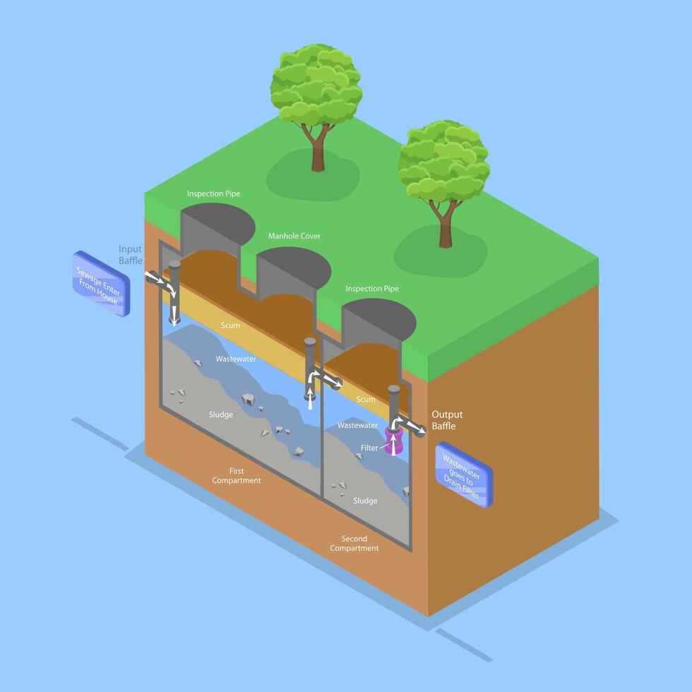 3D Isometric Flat Illustration of Septic Tank System, Residential House with Drain Field Scheme vector