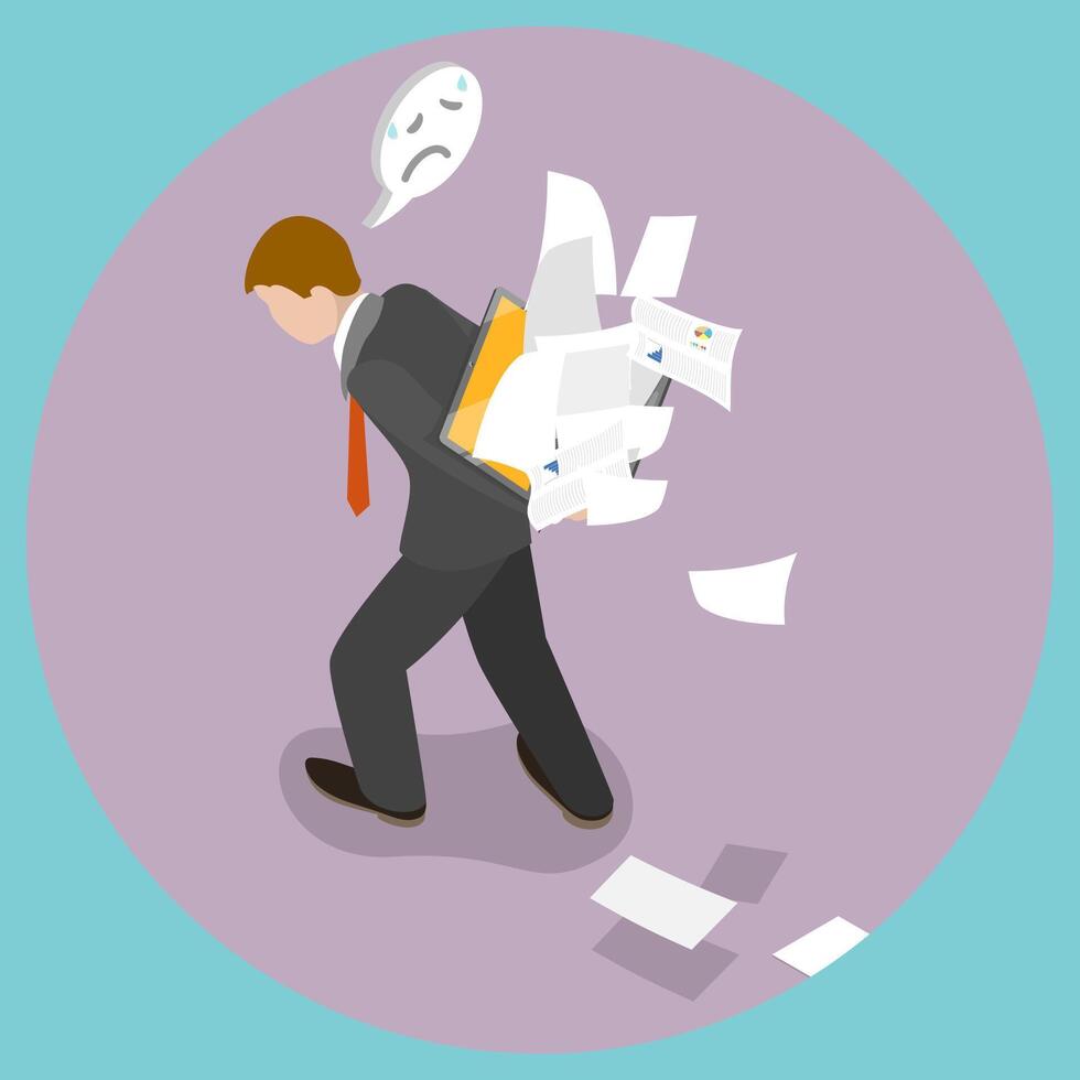 3D Isometric Flat Illustration of Overwhelmed of Online Notification, Exhausted and Frustrated Person vector