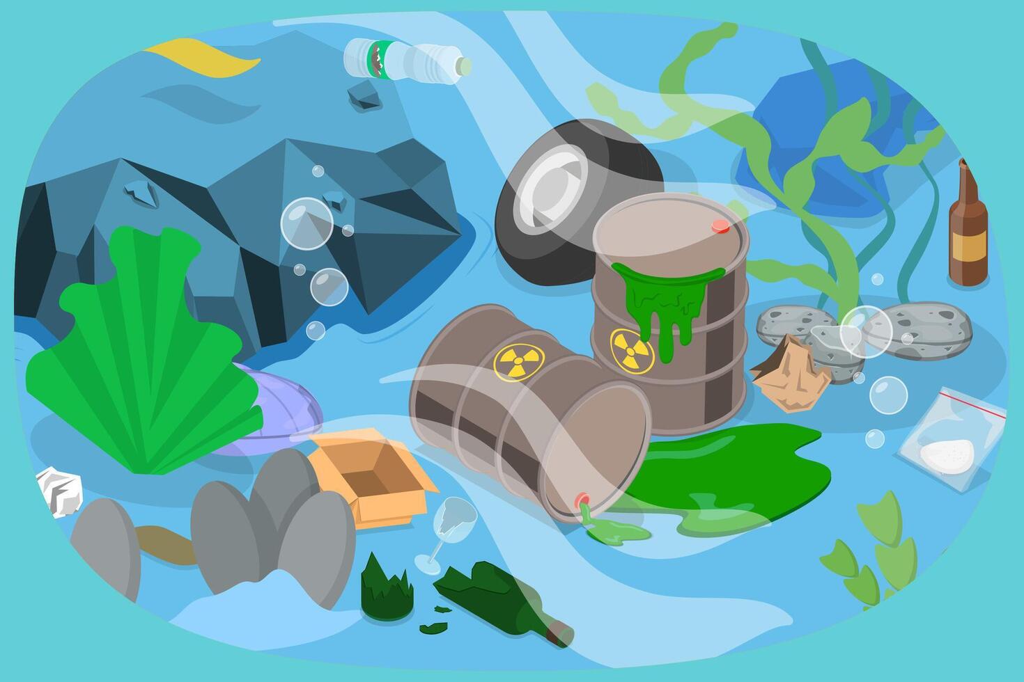 3D Isometric Flat Illustration of Dirty Underwater Landscape , Ocean Pollution Impact on Ecosystem vector