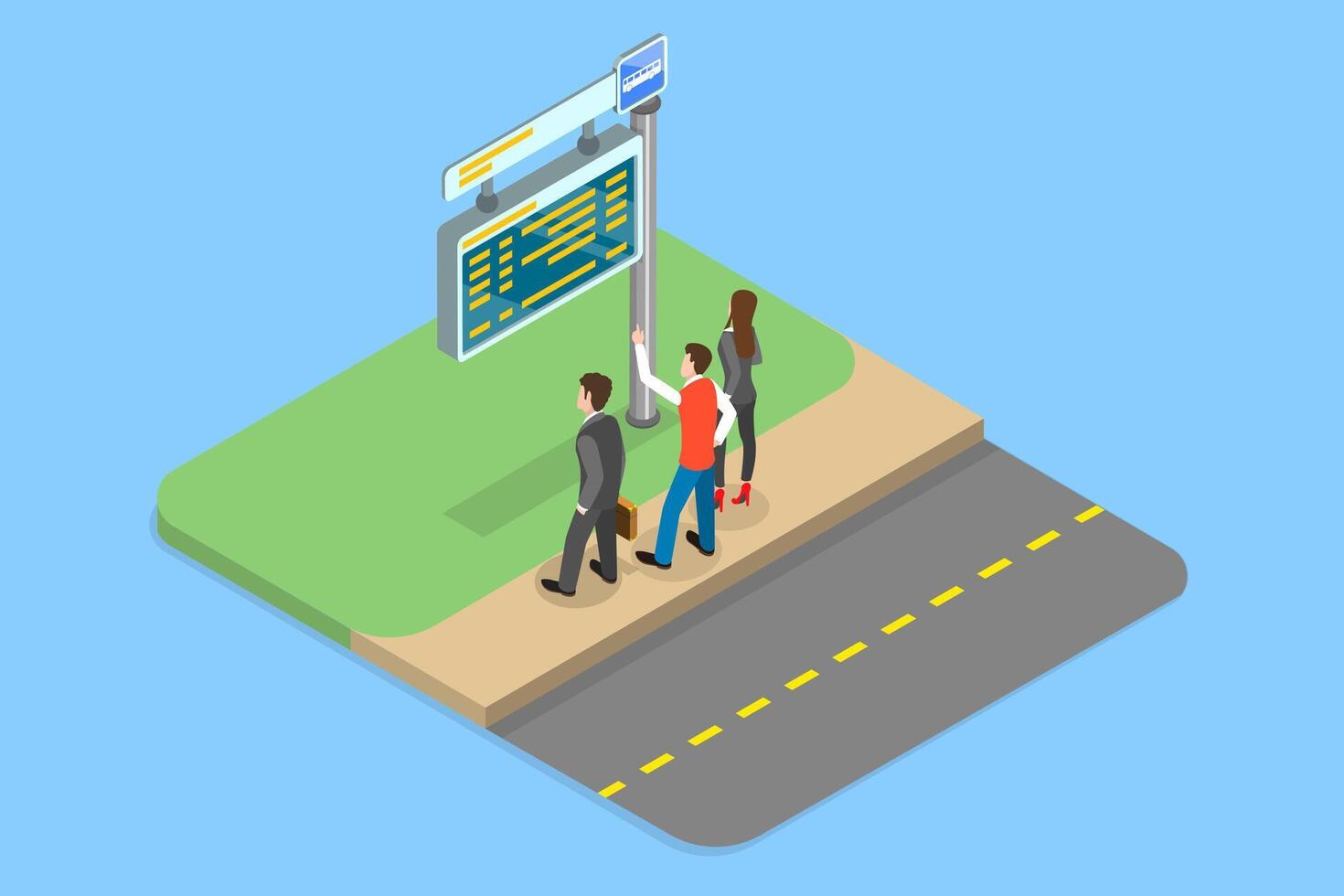 3D Isometric Flat Illustration of Bus Stop, People Learning Trunsport Schedule vector