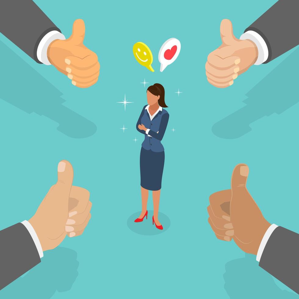 3D Isometric Flat Illustration of Successful Businesswoman, Good Feedback vector