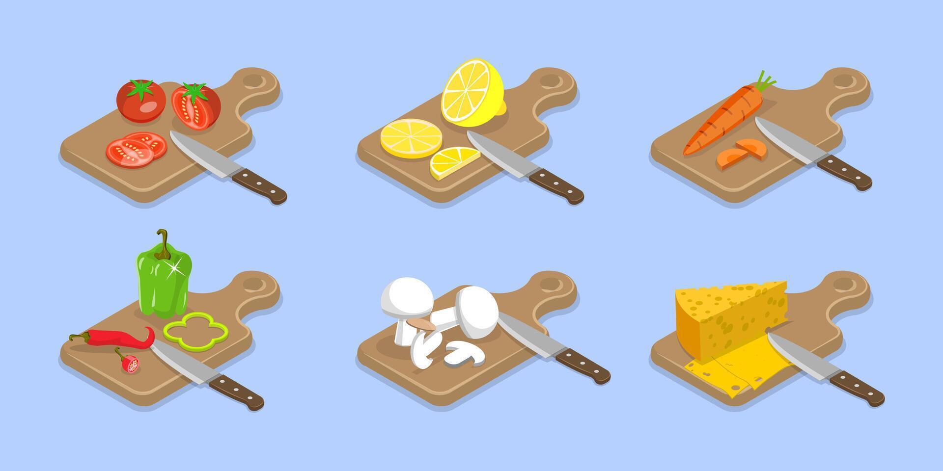 3D Isometric Flat Set of Cooking Food Process, Meat, Fish, Vegetable Chopping Slices on a Board vector