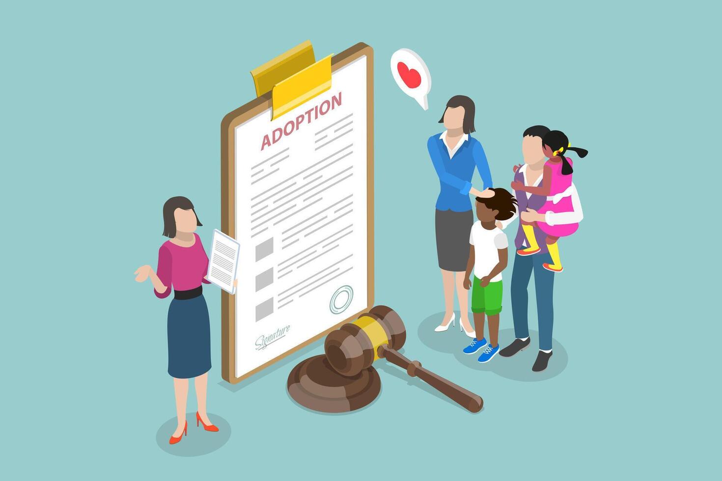 3D Isometric Flat Illustration of Adoption, Adoptive Parents with Kid vector