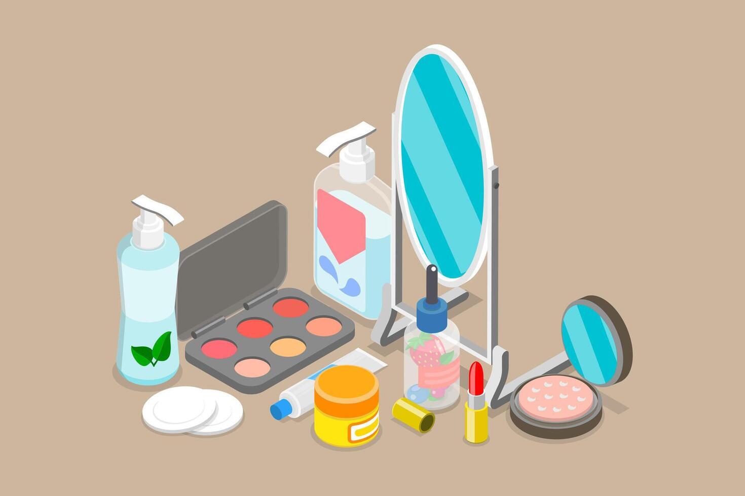 3D Isometric Flat Set of Cosmetic Products, Cosmetics and Accessories for Make-up vector