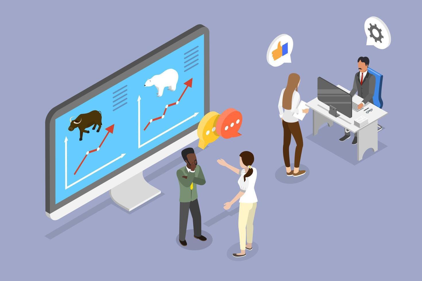 3D Isometric Flat Illustration of Traders Analysing Global Market , Bears and Bulls vector