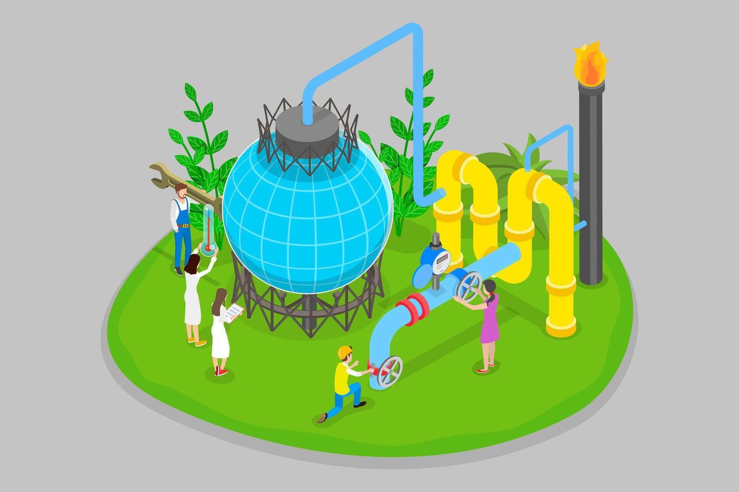 3D Isometric Flat Illustration of Safety Control Of Oil And Gas Industry, Gas Industry Maintenance Service vector