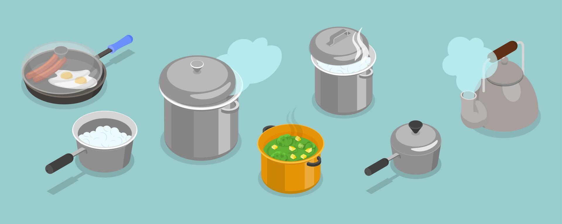 3D Isometric Flat Set of Tableware, Cooking Kitchen Pots vector