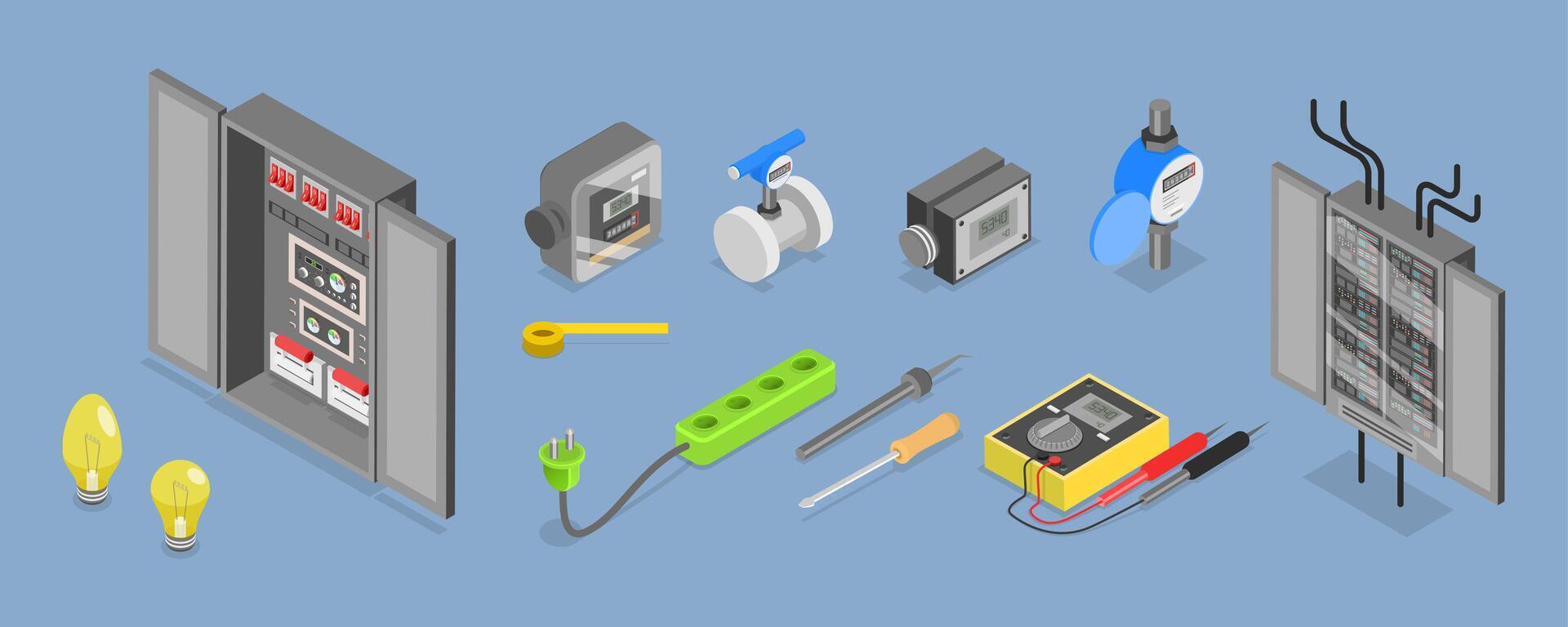 3D Isometric Flat Set of Tools Of Electrician, Professional Equipment vector