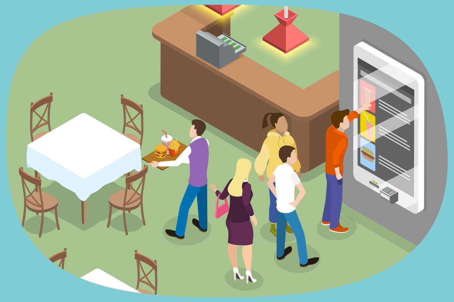 3D Isometric Flat Illustration of Cafe Self Service, Modern Technologies vector