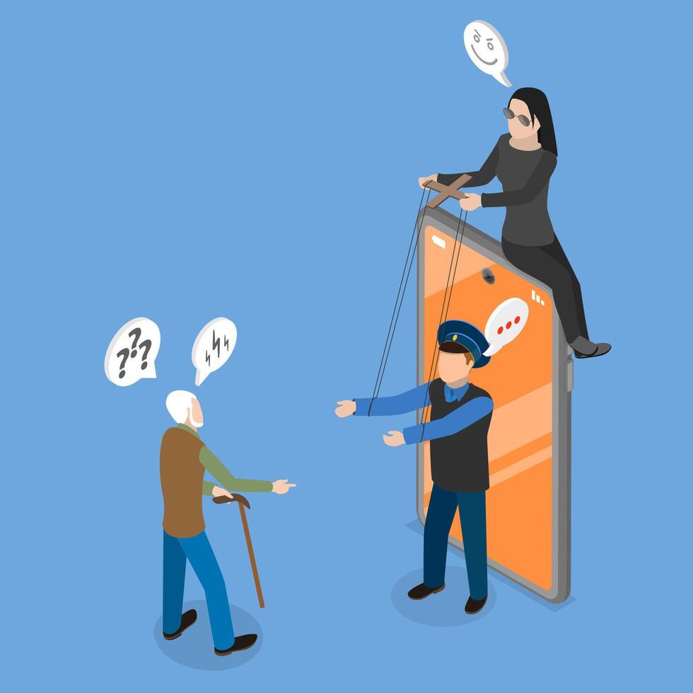 3D Isometric Flat Illustration of Hacker Scam, Phone Phishing vector