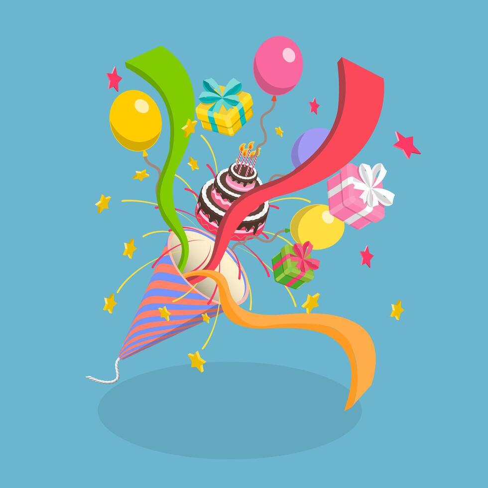 3D Isometric Flat Illustration of Celebration Banner, Party Composition vector