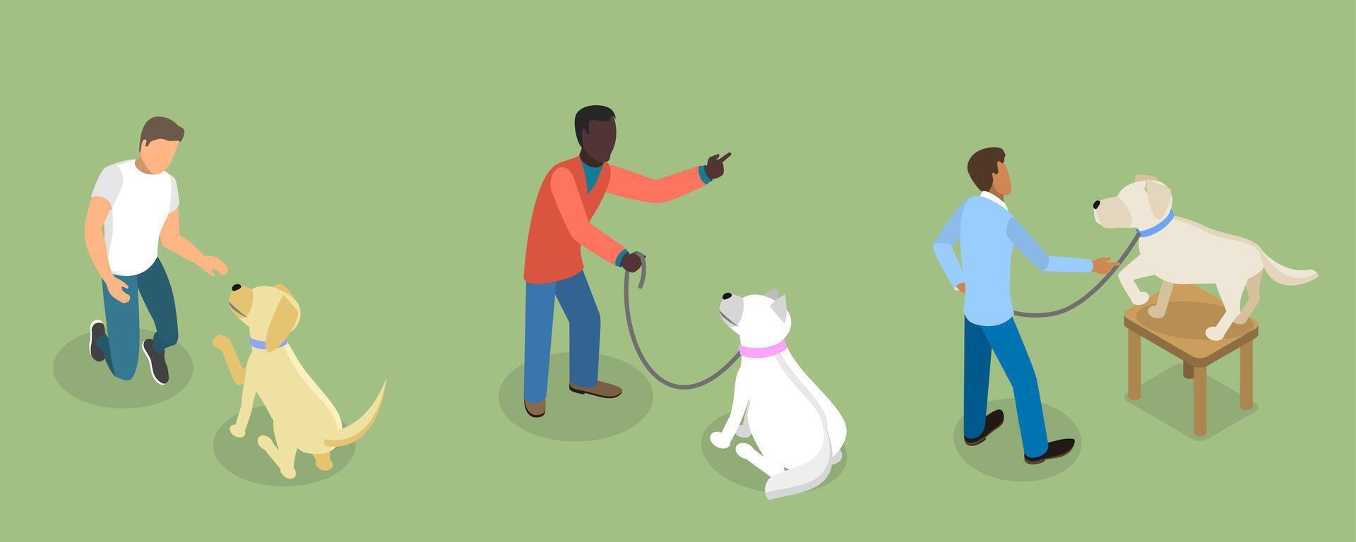 3D Isometric Flat Set of Dog Training Scenes, Teaching Dogs Tricks vector